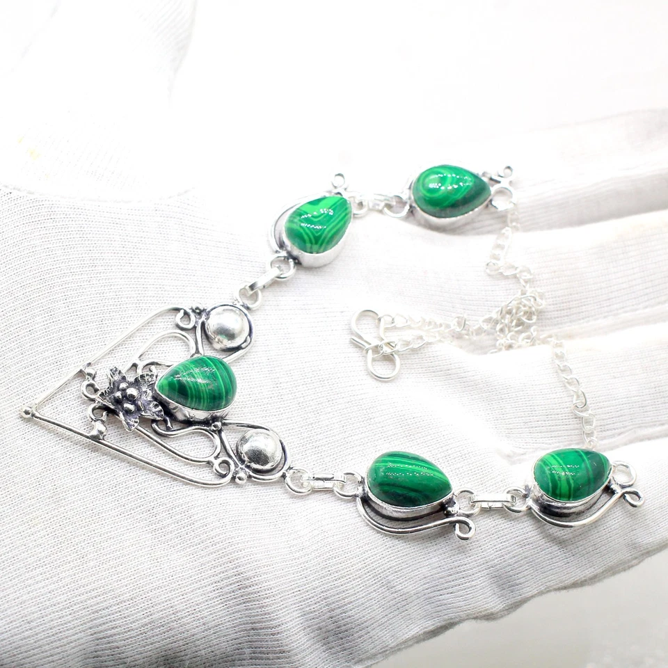 Malachite Gemstone Necklace 925 Sterling Silver Handmade Jewelry Size-17-18 - Image 2 of 4