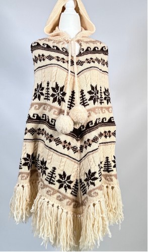 J.Crew Womans Poncho Wool Retro Vintage One Size Off-White Tan Brown Hood - Picture 7 of 12