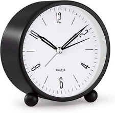 Analog Alarm Clock 4 Inch Round Non Ticking Battery Operated Silent Snooze Light