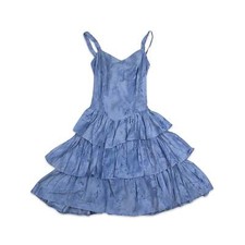 Vintage 80s Blue Tiered Ruffle Sweetheart Tie Dye Strappy Dress 6 8