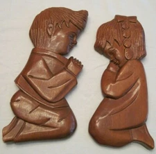 Vtg MCM Wood Praying Children Wall Hanging 2Pc **Adorable**EUC