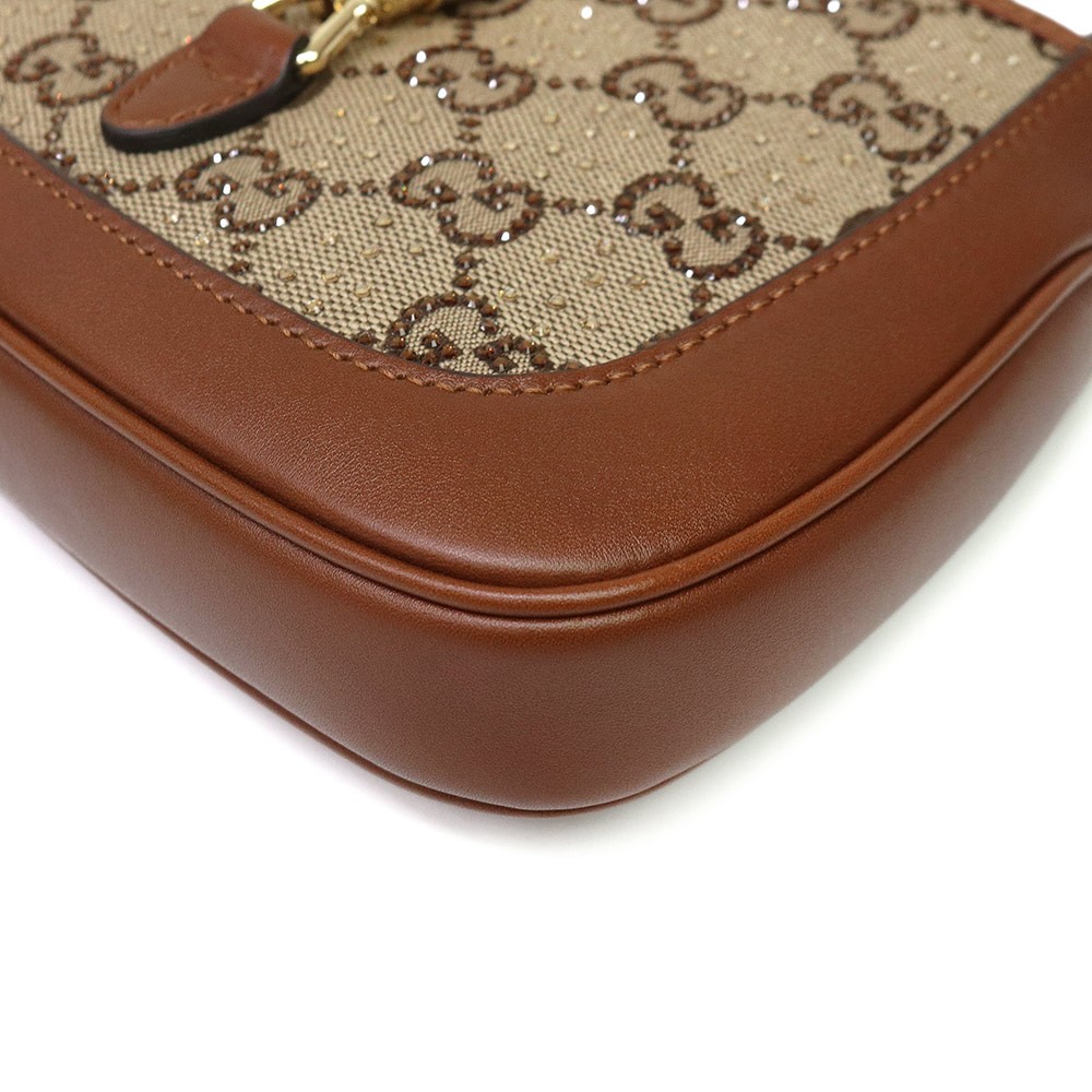 GUCCI 675799 Jackie 1961 GG Canvas & Crystal & Leather, Brown Shoulder Bag image 10