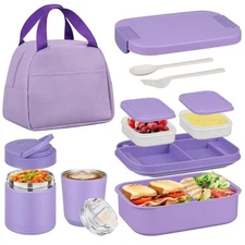 Bento Lunch Box Set w/10.5oz Soup Thermo Stainless Steel Leak-proof Purple