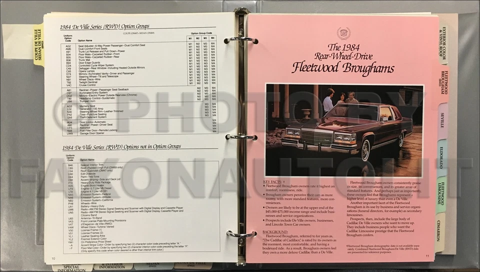 Cadillac Merchandising Portfolio 1984 concesionario sala de exposición álbum libro de datos tapicería Foto 2 de 4