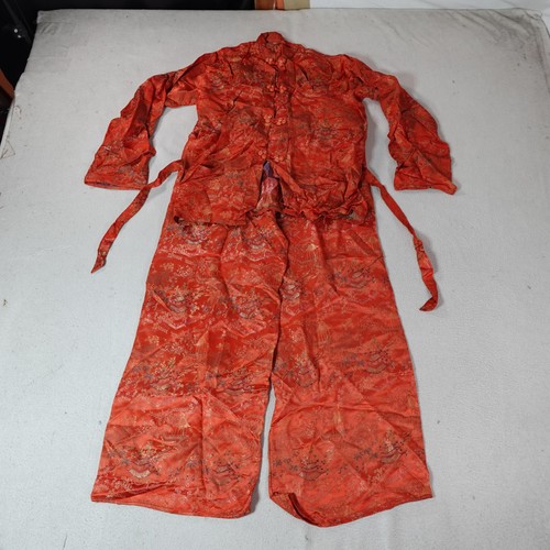 Vintage Geisha Outfit Set Womens Medium Red Asian Costume Silk Robe Pants 90s