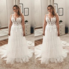 Plus Size Wedding Dresses V Neck Off Shoulder Sweep Train A-line Bridal Gowns