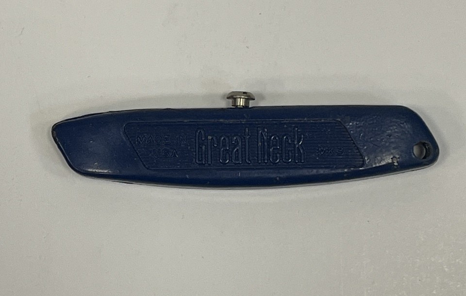 Tiny USA-made Great Neck utility knife in rare blue that clips to a keychain — small, honest, and the kind of 'they don't make 'em like this anymore' find.