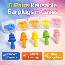 5 Pairs Reusable Soft Ear Plugs Noise Cancelling Sleep Swim Work UK