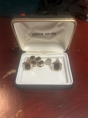 Vintage 1970's Pierre Cardin Gold Tone & Onyx 4 Shirt Studs Matching Cuff Links