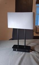 Table Lamp Black Base, Gray Rectangular Fabric Shade, Push Button, Corded