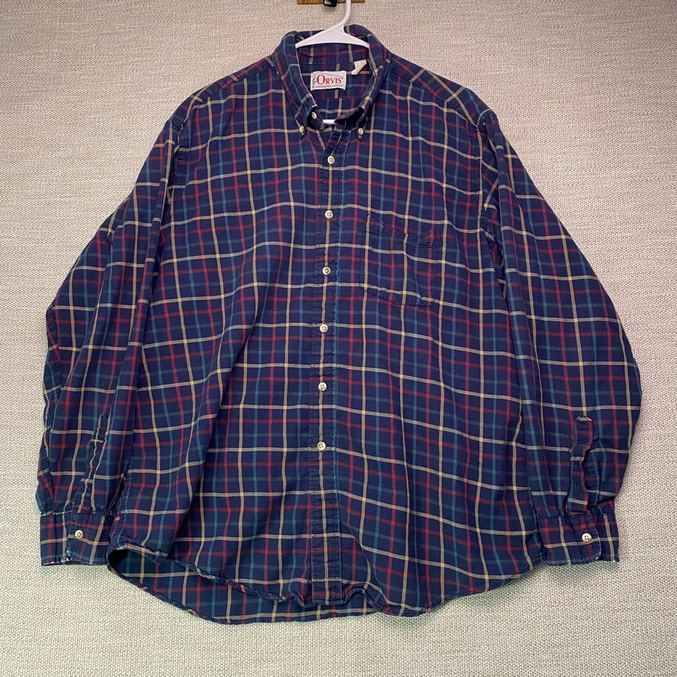 Camisa Orvis Años 70 XL Para Hombres L/S Abotonada Algodón Lana Azul Marino Arco Iris Cuadros EE. UU. Foto 3 de 4