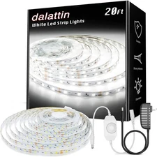 dalattin White LED Strip Lights, 20ft Dimmable Super Bright 20FT, 6500K 