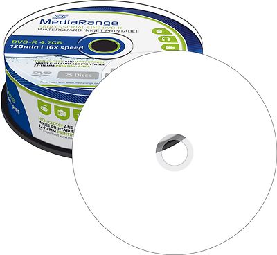 25 MediaRange DVD-R 4,7Gb Waterguard Photo Hochglanz Bedruckbar glossy printable