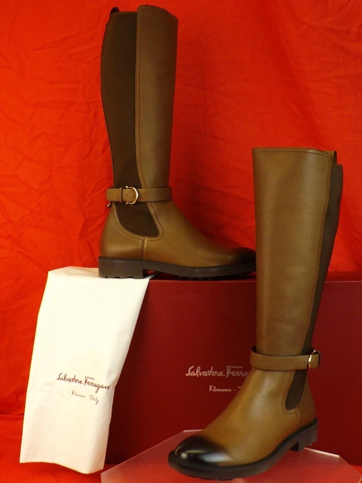 BOTAS ALTAS FERRAGAMO FURSEO CUERO GRANULADO MARRÓN ELÁSTICO GANCINI 5.5  Foto 2 de 4