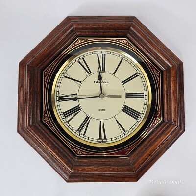 Ethan Allen 16 3/4” Oak Wall Clock with Decorative Glass, Quartz