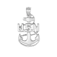 Sterling Silver U.S. Navy Anchor Pendant / Charm, Made in USA, Italian Box Chain