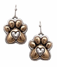 Paw Print Earrings 2 Tone Dangle Embossed Love Heart Design 1 1/8  Long