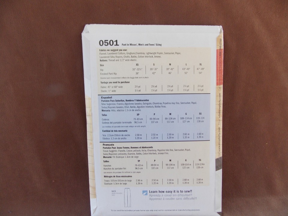 Simplicity Unisex Pajama Bottoms Hip Sizes 31