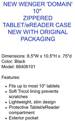 New Wenger Swiss Army DOMAIN 10" BLACK Zippered Tablet eReader Case 66406101 $30 - Picture 4 of 4