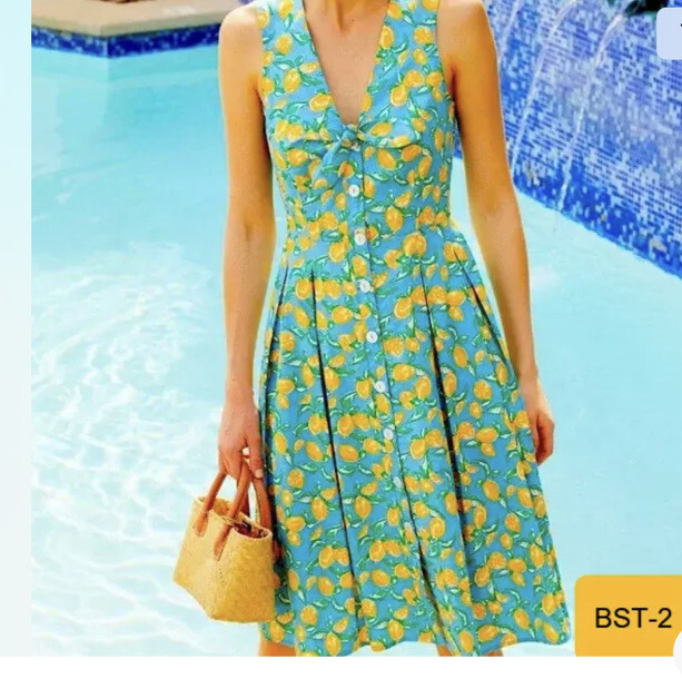 Donna Morgan Printed Poplin Fit and Flare Dress - Women's Size 6 Blue Yellow
