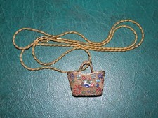 PURSE HAND BAG CLOISONNE PENDANT 34"ROPE CHAIN Vtg GOLD TONE