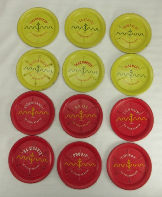 Vintage Lithoware Metal Coasters Set of 12 To Your Health in Different Languages