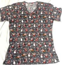 Scrubaid Uniform Top Womens Medium Christmas Santa Clause Grey Red Black V Neck