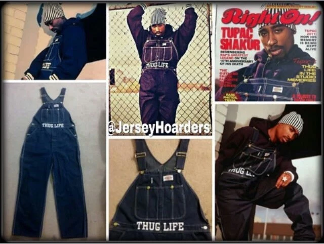 VINTAGE 90 s 2PAC THUG LIFE BLUE JEAN OVERALLS DICKIES JUMPER BIBBS 40x30 RARE