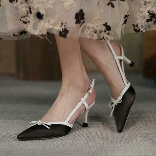 Damenschuhe Pfennigabsatz-Pumps Schleife Sandalen Fersenriemen spitz zulaufend Mode - Bild 5 von 27