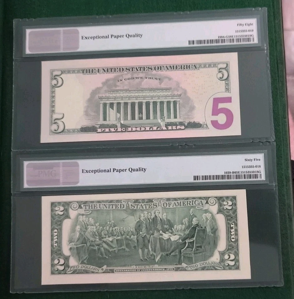 150TH ANNIVERSARY CURRENCY SET SERIES 2009 COMMEMORATIVE $2 AND $5 NOTES PMG 65  - Image 2 of 2