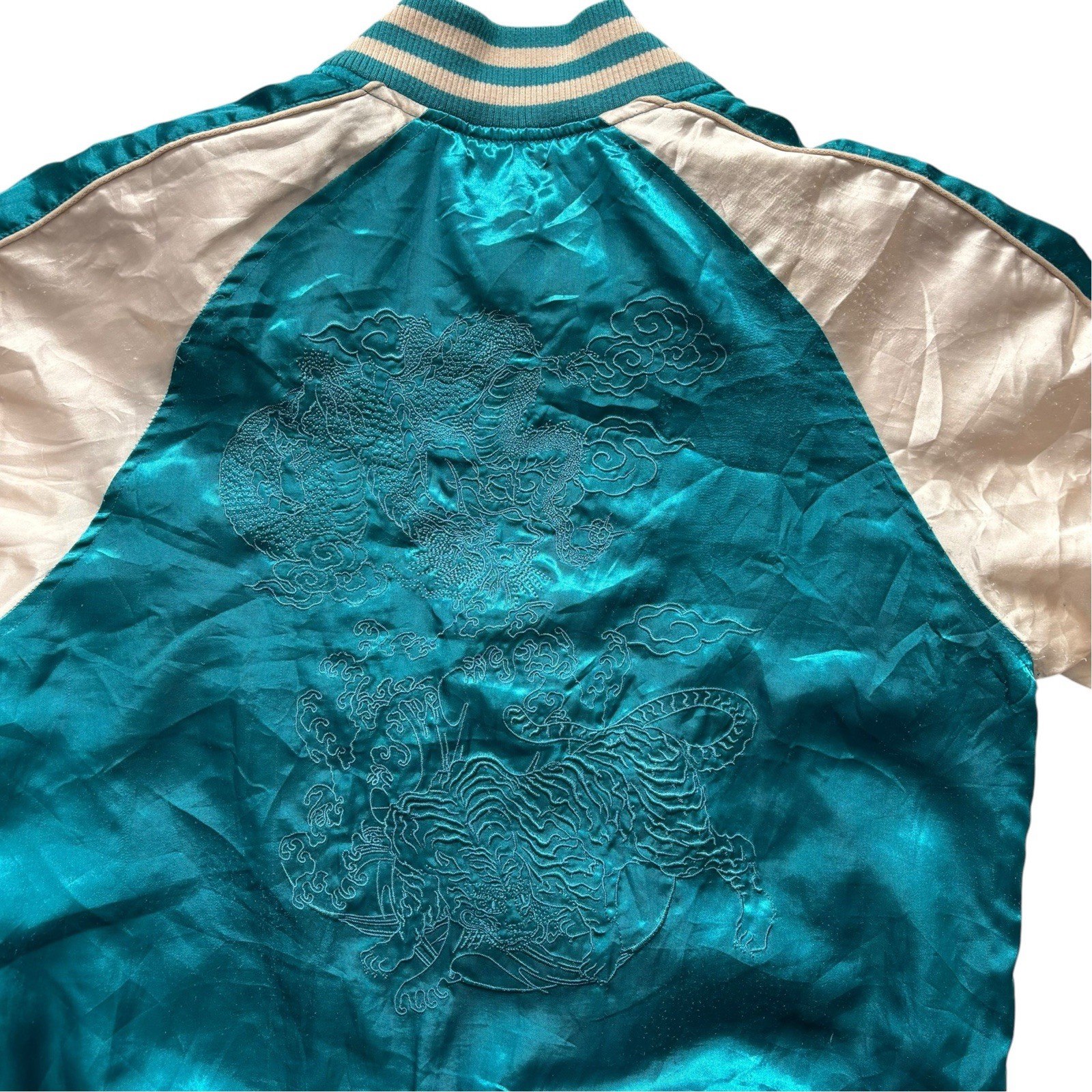 Vintage Mens Bomber Jacket Japanese Aqua Blue Embroidered Retro Medium 38" image 4