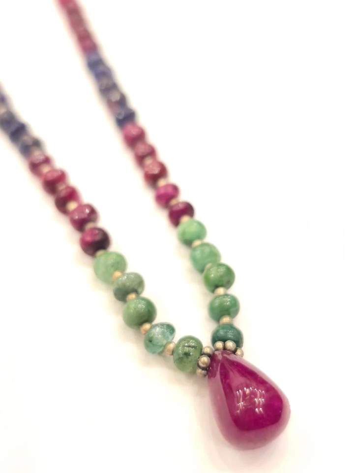 65cts Natural Emerald Ruby Sapphire Necklace Cabochon Beads 925 Silver Clasp 512 - Image 3 of 3