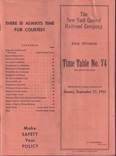 New York Central Railroad Employees Timetable #74 9/27 1953