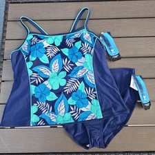 TYR Women Blue Aurora High Back Tankini Top 22W High-waisted Bottom 18 New