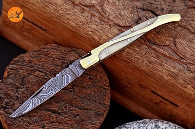 HAND FORGED DAMASCUS STEEL FOLDING BLADE POCKET KNIFE BRASS & CAMEL BONE HANDLE