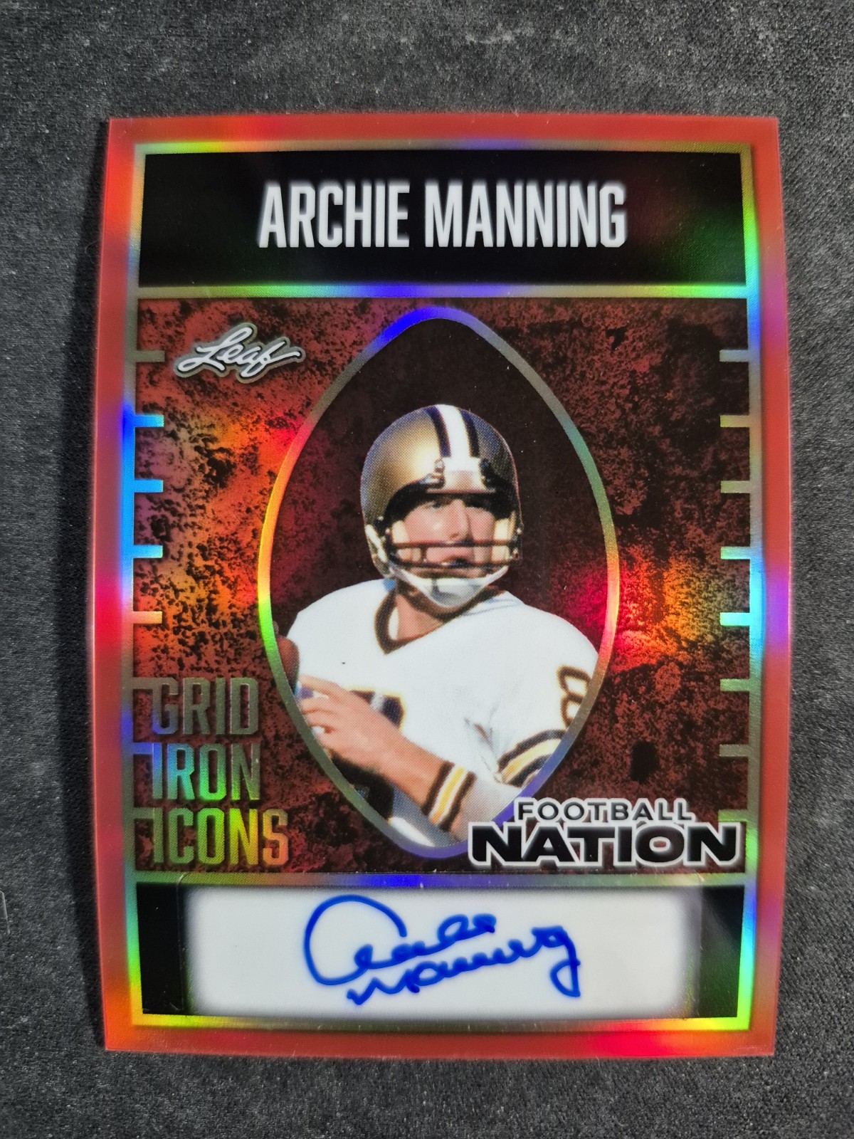 Archie Manning 1/1 Auto 2025 Leaf Football Nation Grid Iron Icons Prismatic Red