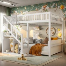 Etagenbett Kinderbett Hochbett mit Stauraumtreppe und Schrank 140x200 Massivholz