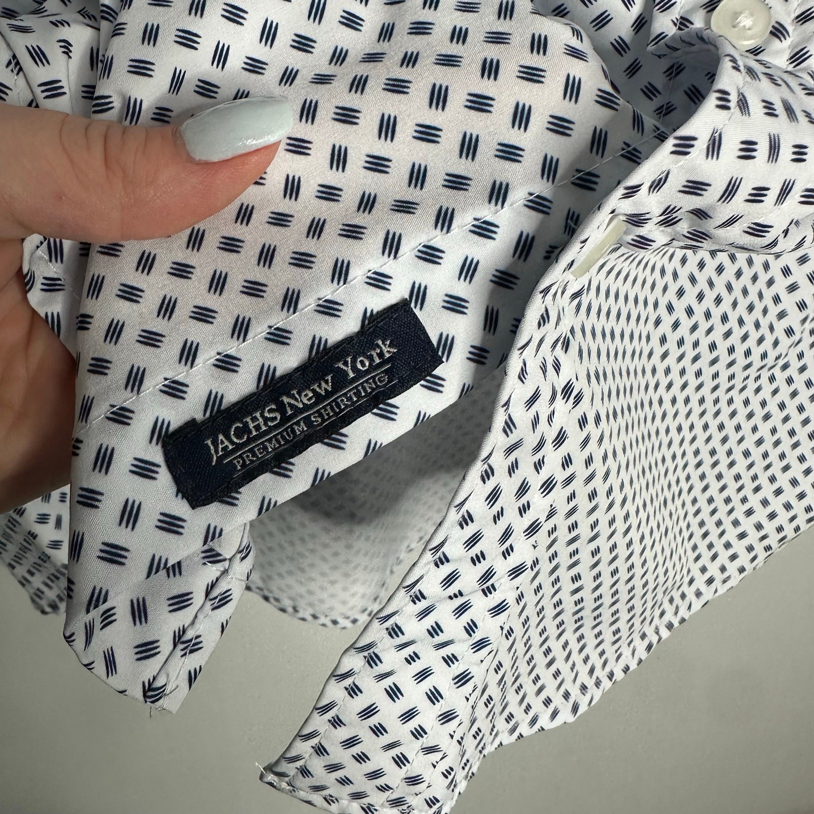 Jachs New York Button Down Shirt Mens L White Blue Geometric Stretch EUC Tribeca image 8