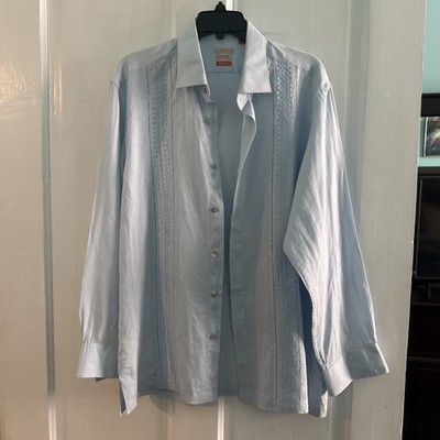 Jon Sonen Sky Blue Irish Linen Button Down Shirt  With Vintage Detail SZ XL