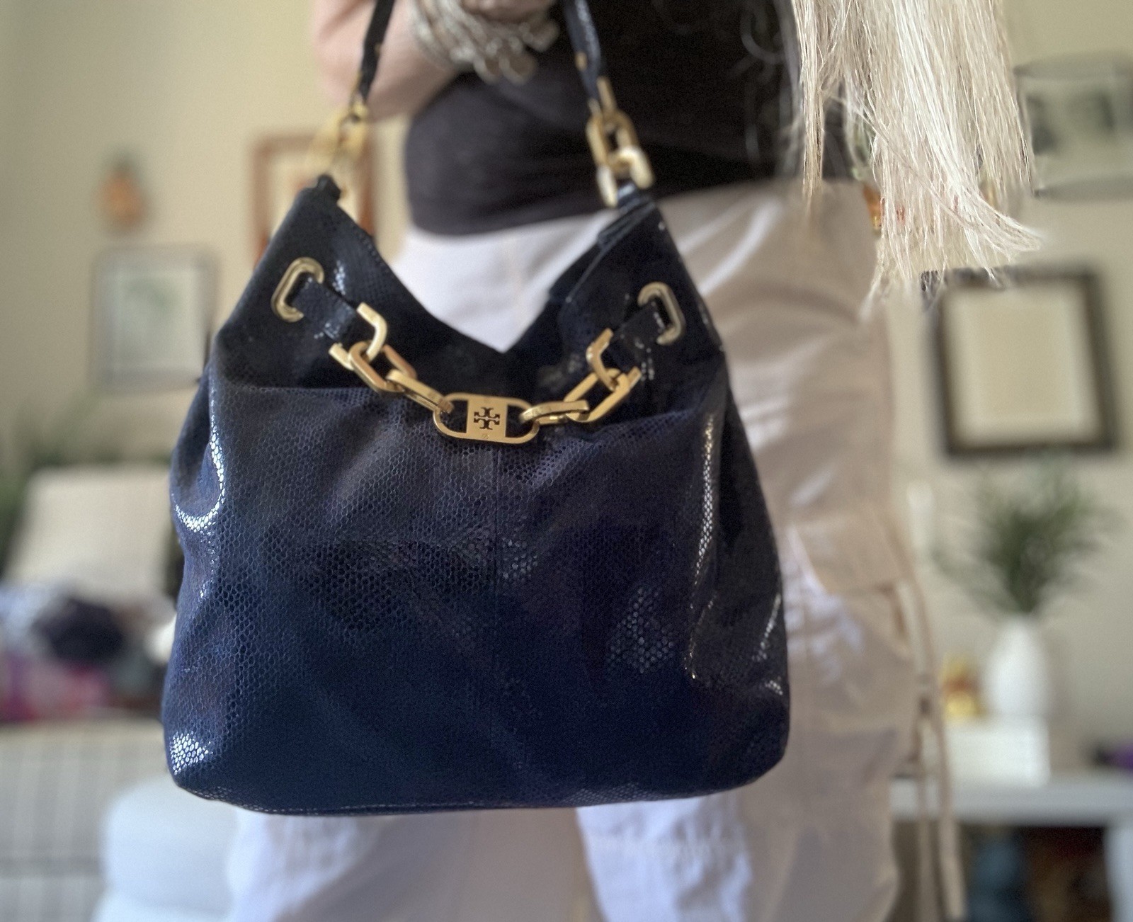 TORY BURCH PYTHON EMBOSSED LEATHER HOBO BAG DEEP … - image 5