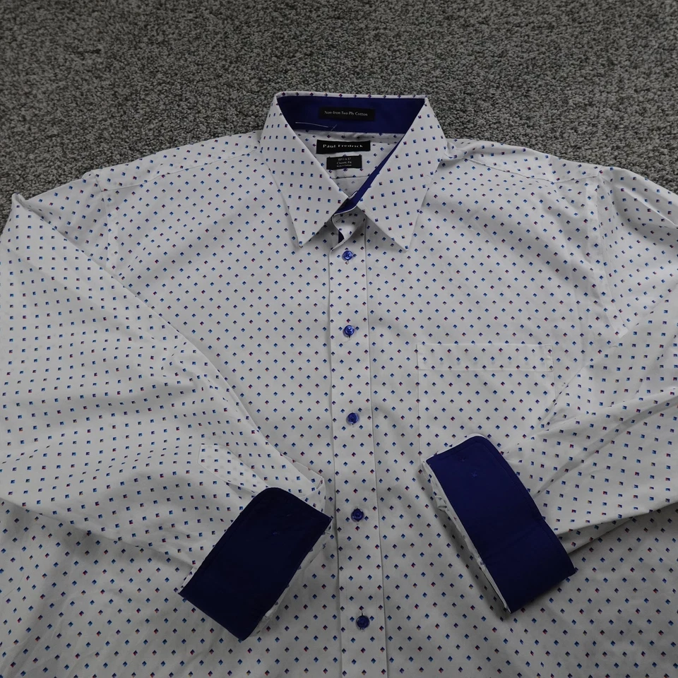 Paul Fredrick Shirt Mens 18.5 37 2XL White Blue Geometric Flip Cuff Classic Fit - Image 3 of 4