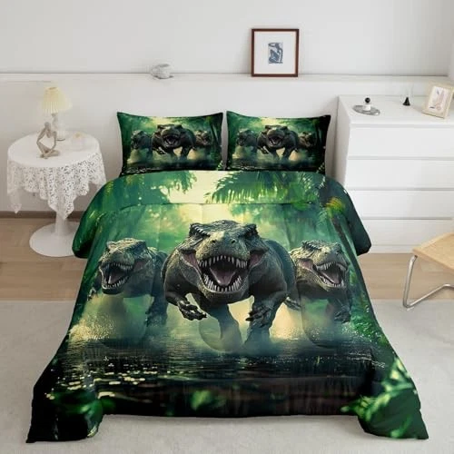  Juego de edredón Dino para niños tamaño para niños ropa de cama dinosaurio verde reina negro Foto 3 de 4