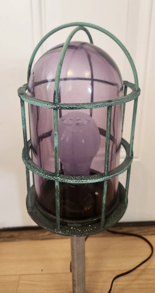 ANTIQUE TAPLET EXPLOSION PROOF PURPLE GLASS CAGE LIGHT FIXTURE BRASS LAMP — 第 3/4 张图片