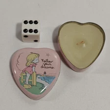 "Follow Your Dreams" John Walsh Anglund Heart Candle In Heart Shaped Tin Rare