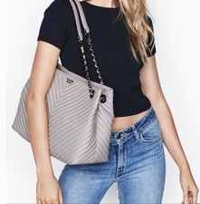 NWT Victoria's Secret V Quilted Shoulder Handbag Purse Tote Gray