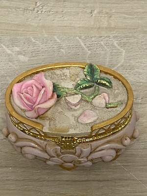 Vintage Miniature Pink and Gold Footed Rose Trinket Box 3