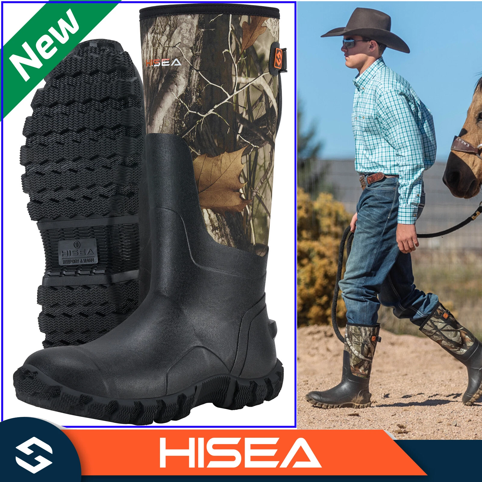 HISEA Men Mid-Calf Rain Boots Waterproof Insulated Hunting Chore Mud Work Boots