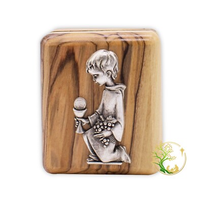 Holy Communion olive wood rosary box for boys | A sacred Holy Land keepsake boy