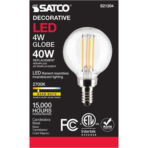 Satco S21204 LED Filament Bulb 120V 4W 40W G16.5 Candelabra E12 2700K Warm White - Picture 7 of 12