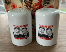 LAUREL AND HARDY 'KEEP SMILING'  white ceramic Salt and Pepper Pots SHAKERS